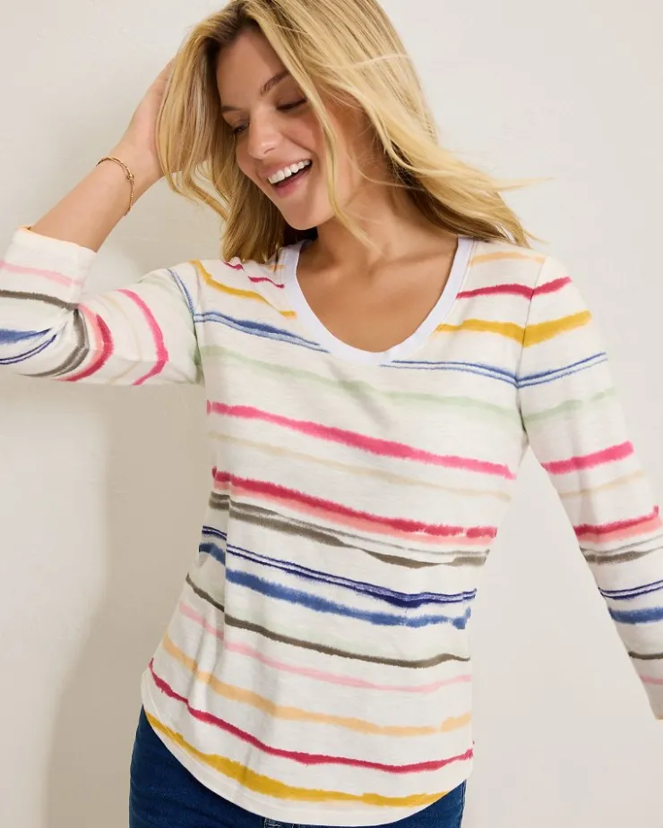 Women Tommy Bahama Loungewear|Tops & Shirts<Ashby Isles Sealight Stripe 3/4-Sleeve T-Shirt