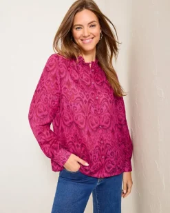 Women Tommy Bahama Tops & Shirts<Seaside Ikat Long-Sleeve Ruffle-Neck Top